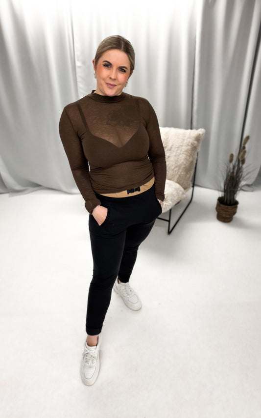 Cashmere Stehbundshirt in braun, Halbtransparent.