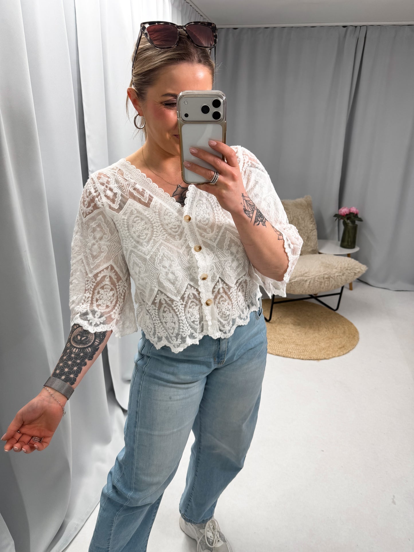 Strickbluse in Häckeloptik mit 3/4 Arm (70139)