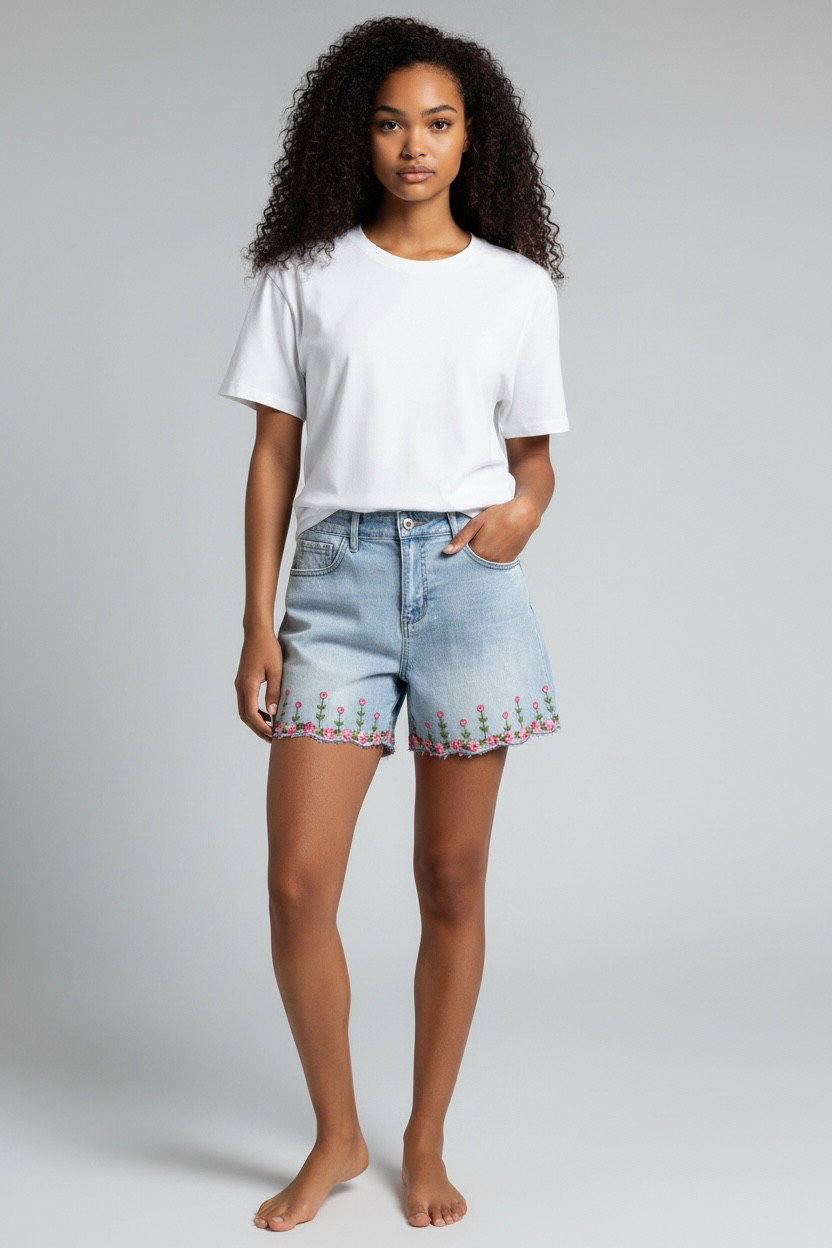 Jeans Shorts mit Blumenstick 70192