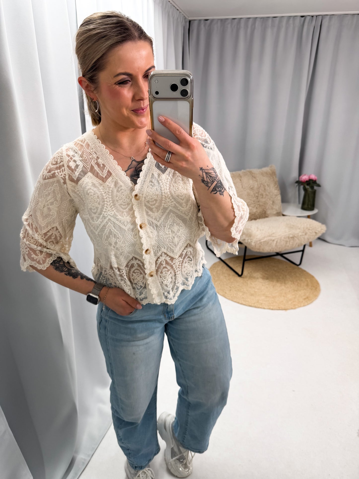 Strickbluse in Häckeloptik mit 3/4 Arm (70139)