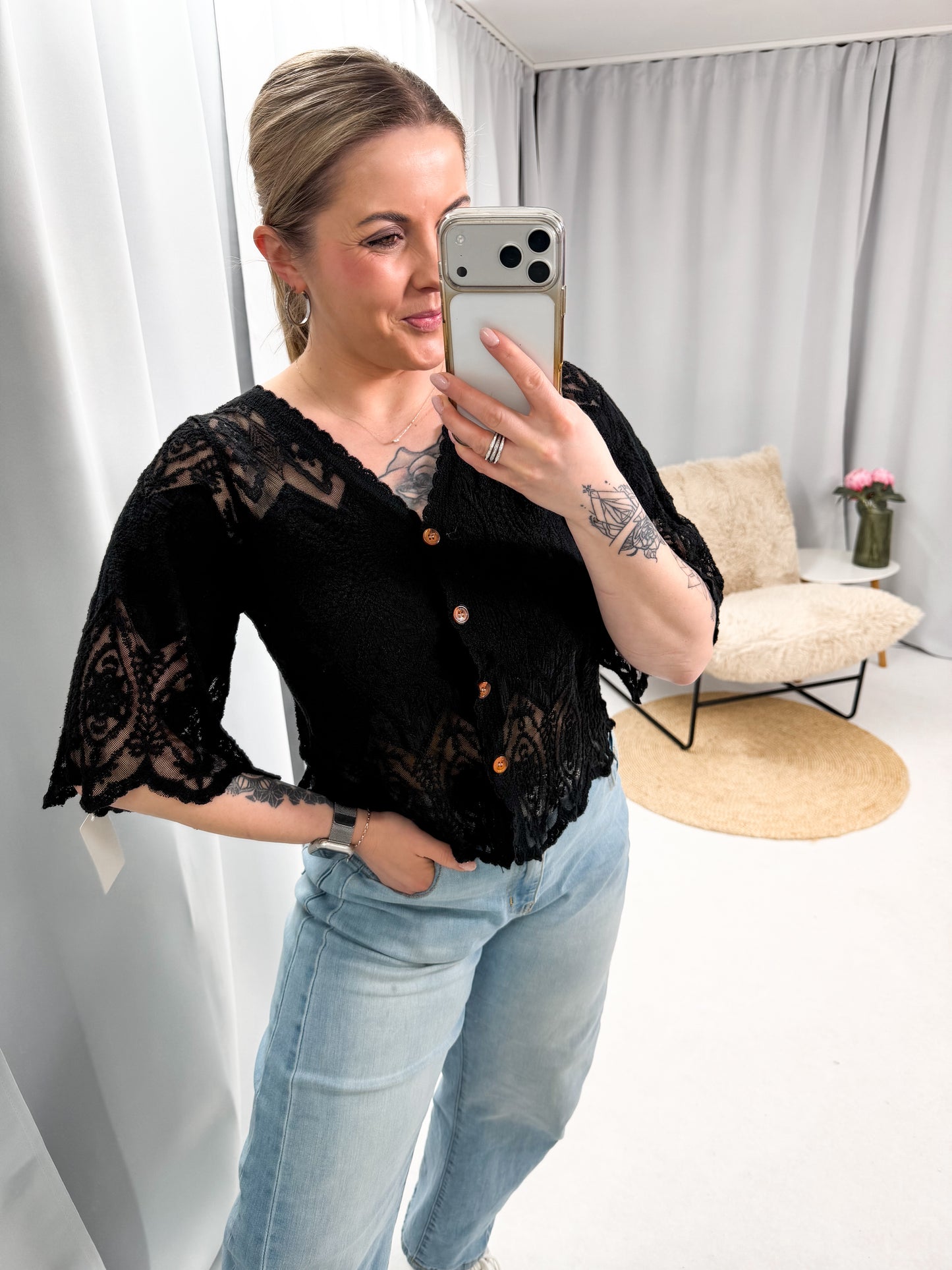 Strickbluse in Häckeloptik mit 3/4 Arm (70139)